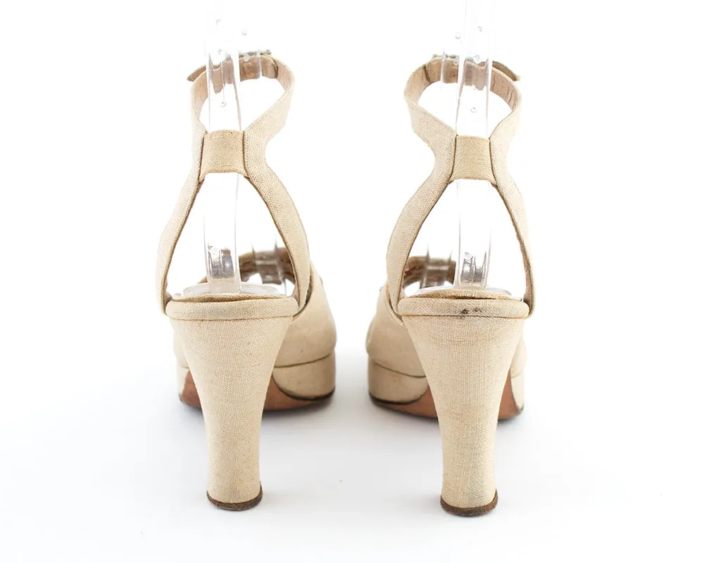 1940s Linen Cutwork Peep Toe Platform Heels | size US 6.5