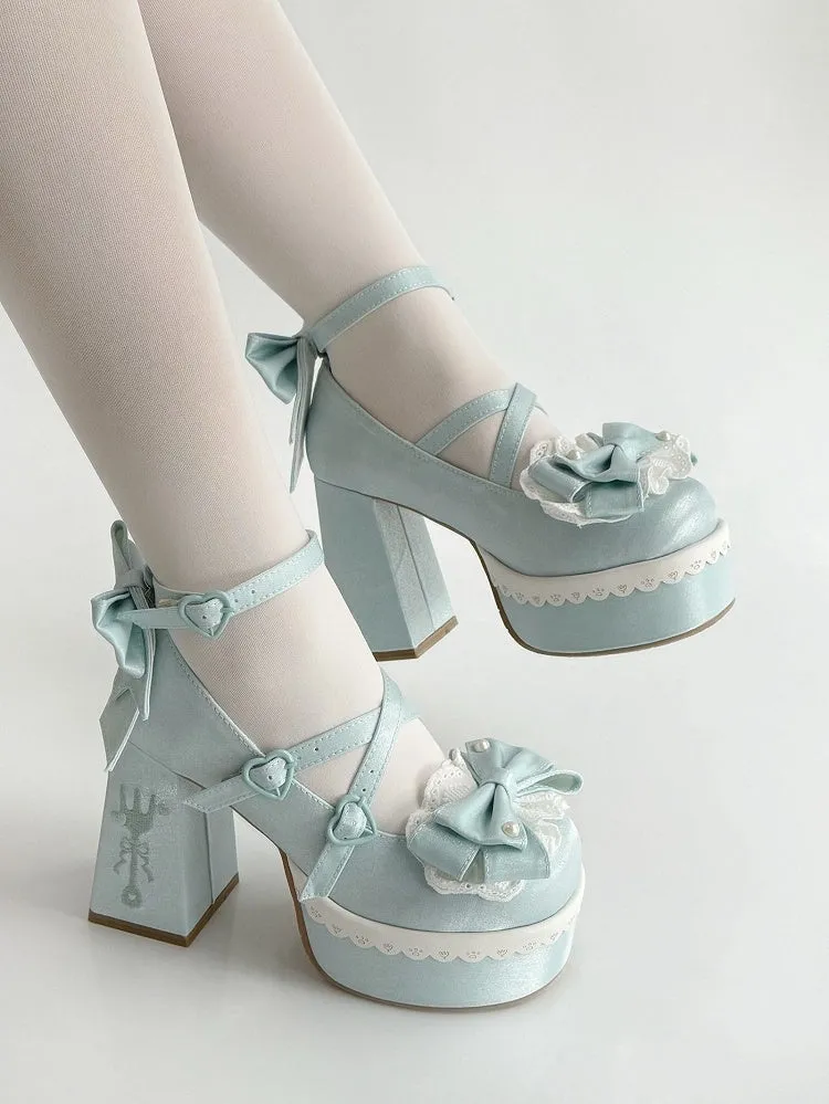 Blue Lolita Lace Bowknot Buckle Straps Fork Platform Block High Heels