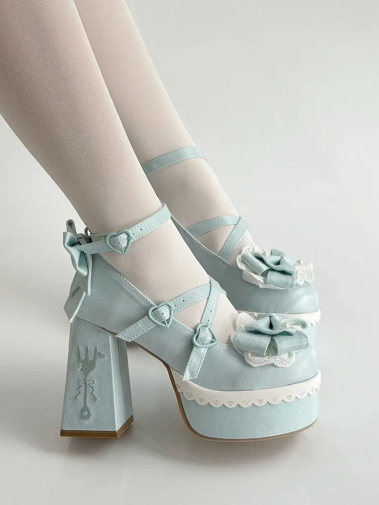 Blue Lolita Lace Bowknot Buckle Straps Fork Platform Block High Heels