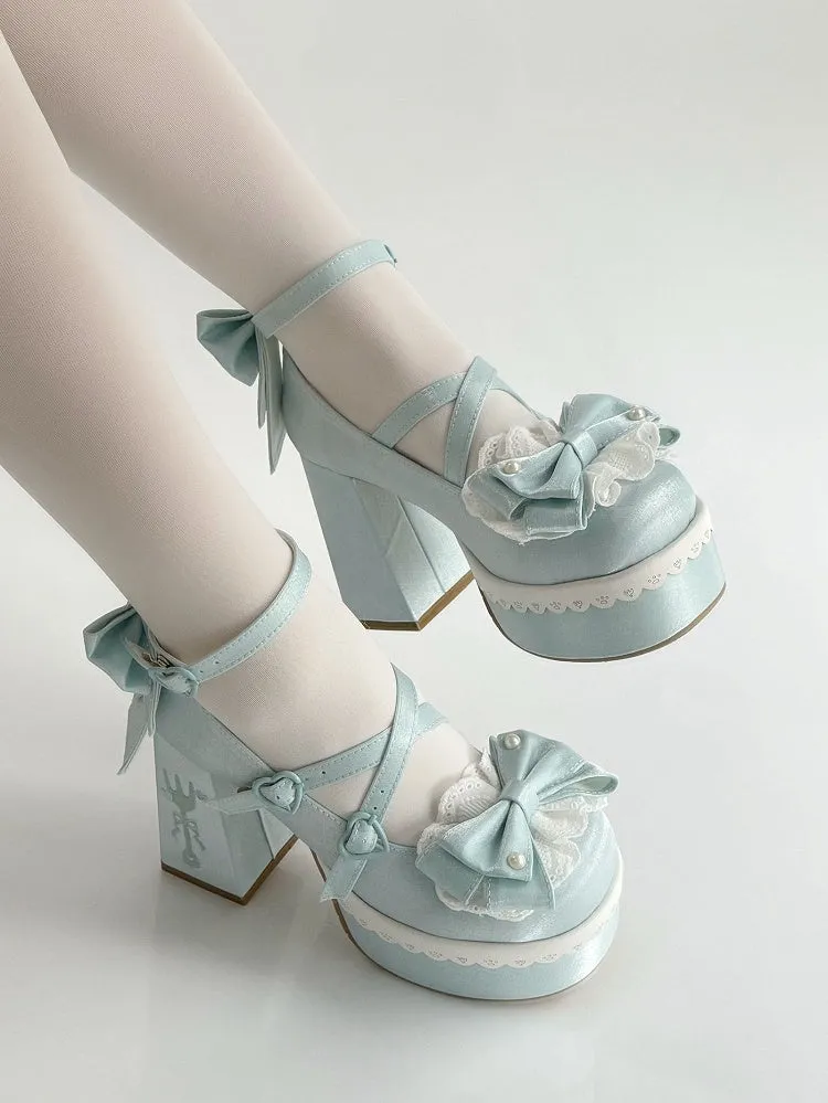 Blue Lolita Lace Bowknot Buckle Straps Fork Platform Block High Heels