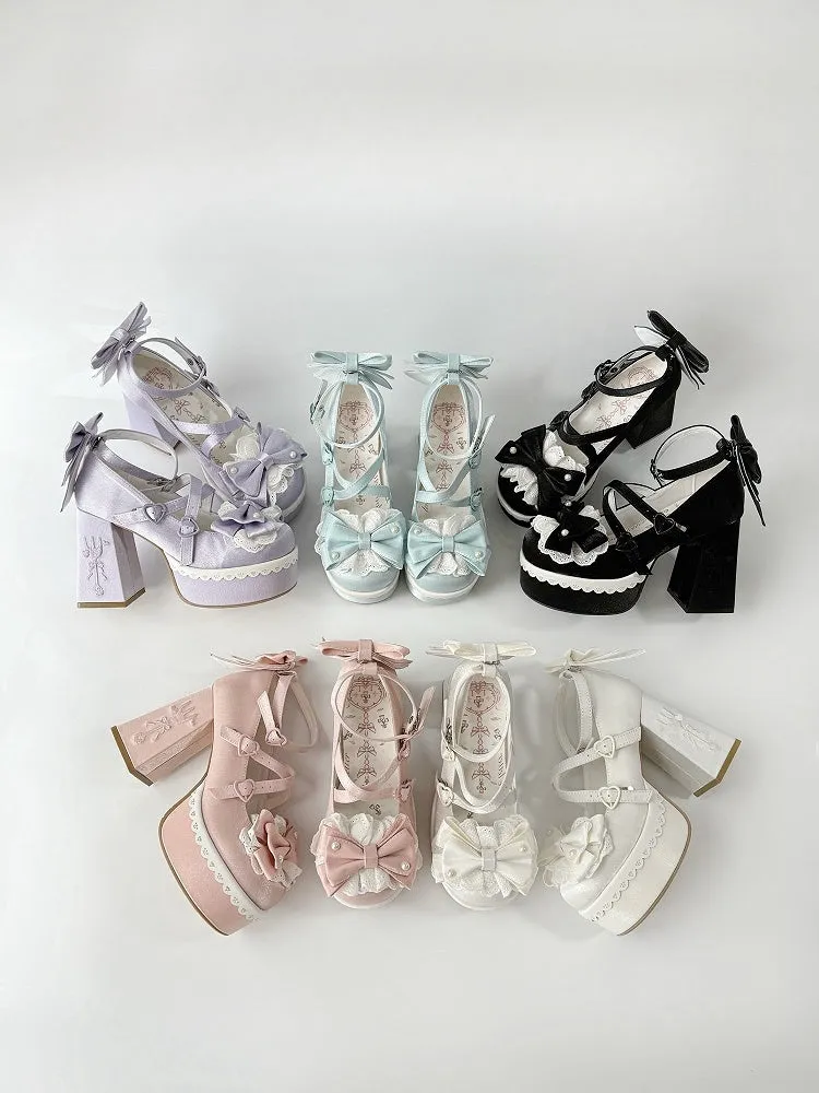 Blue Lolita Lace Bowknot Buckle Straps Fork Platform Block High Heels