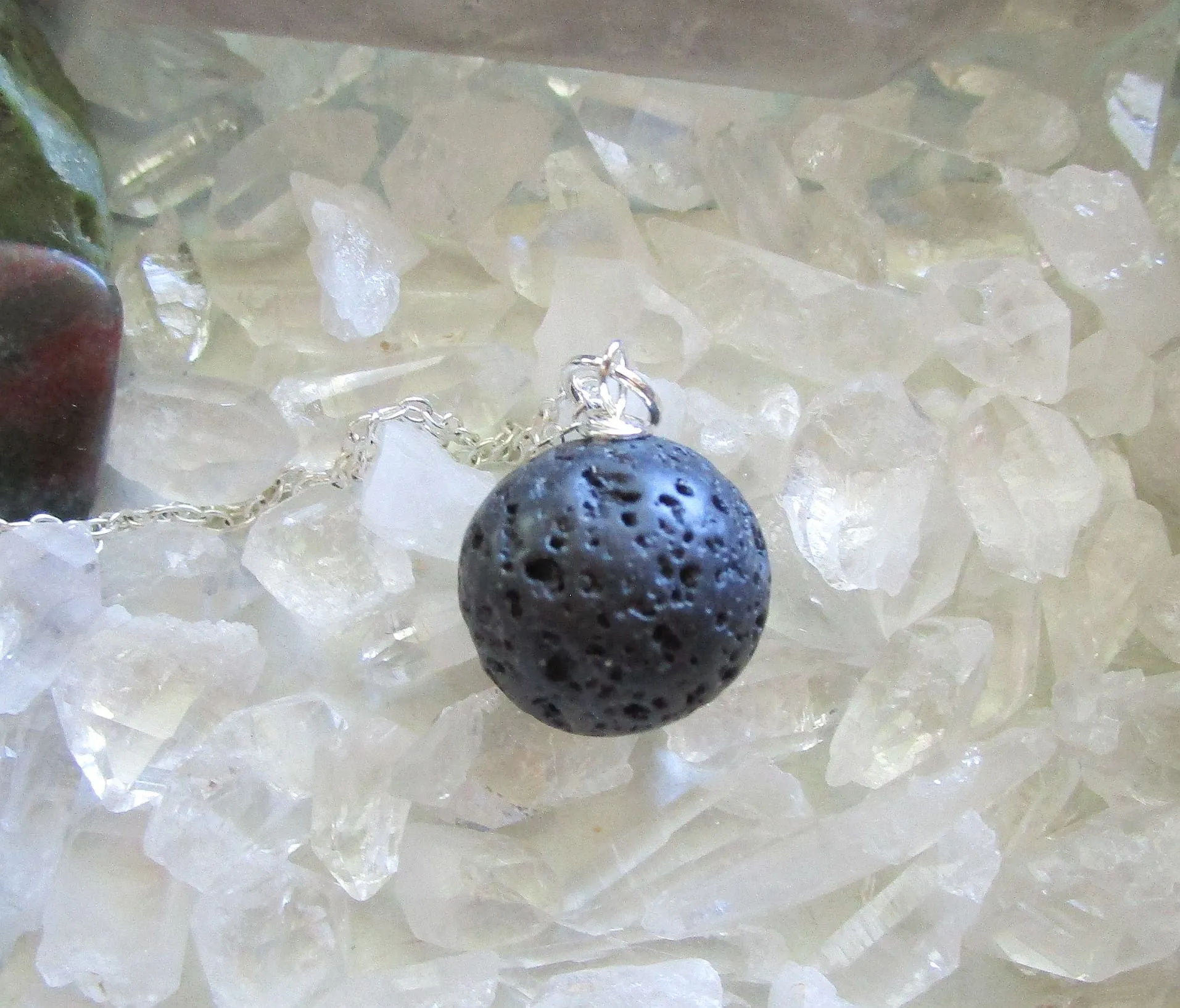 Natural Black Lava Rock Stone Bead Pendant Necklace