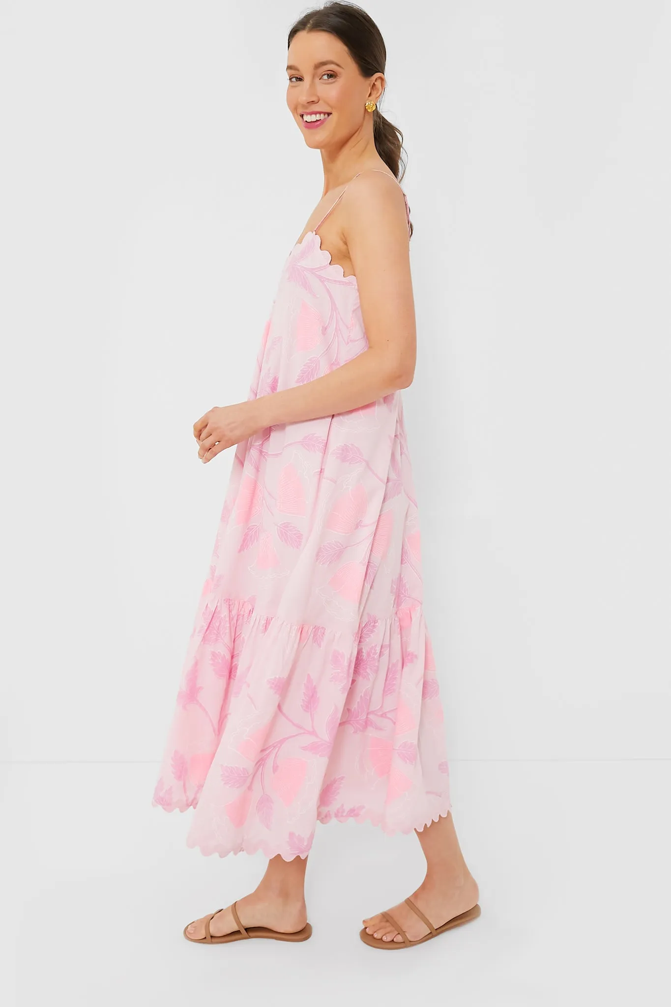 Pale Pink V-Neck Midi Dress with Bellflower Block Print