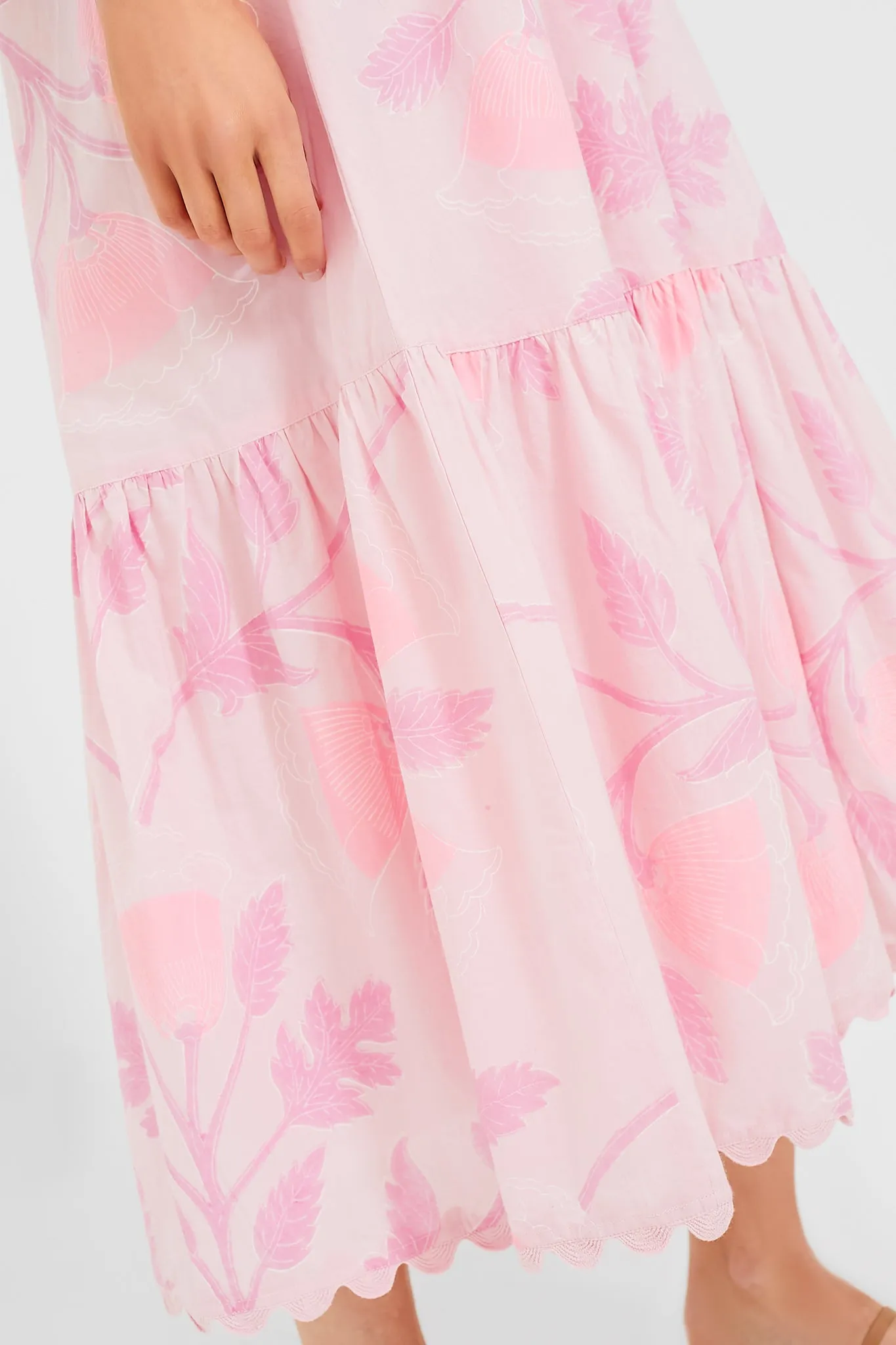Pale Pink V-Neck Midi Dress with Bellflower Block Print