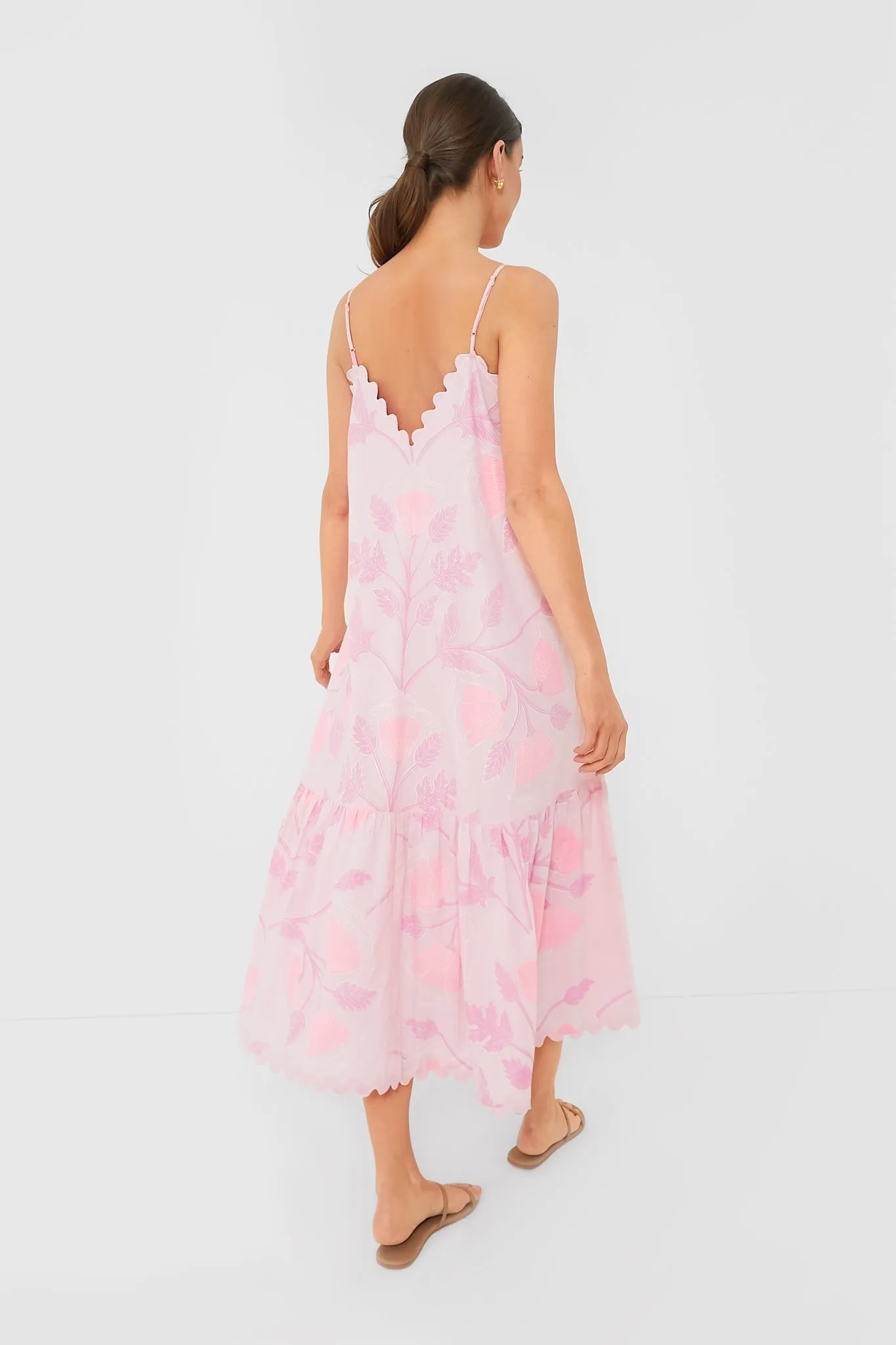 Pale Pink V-Neck Midi Dress with Bellflower Block Print