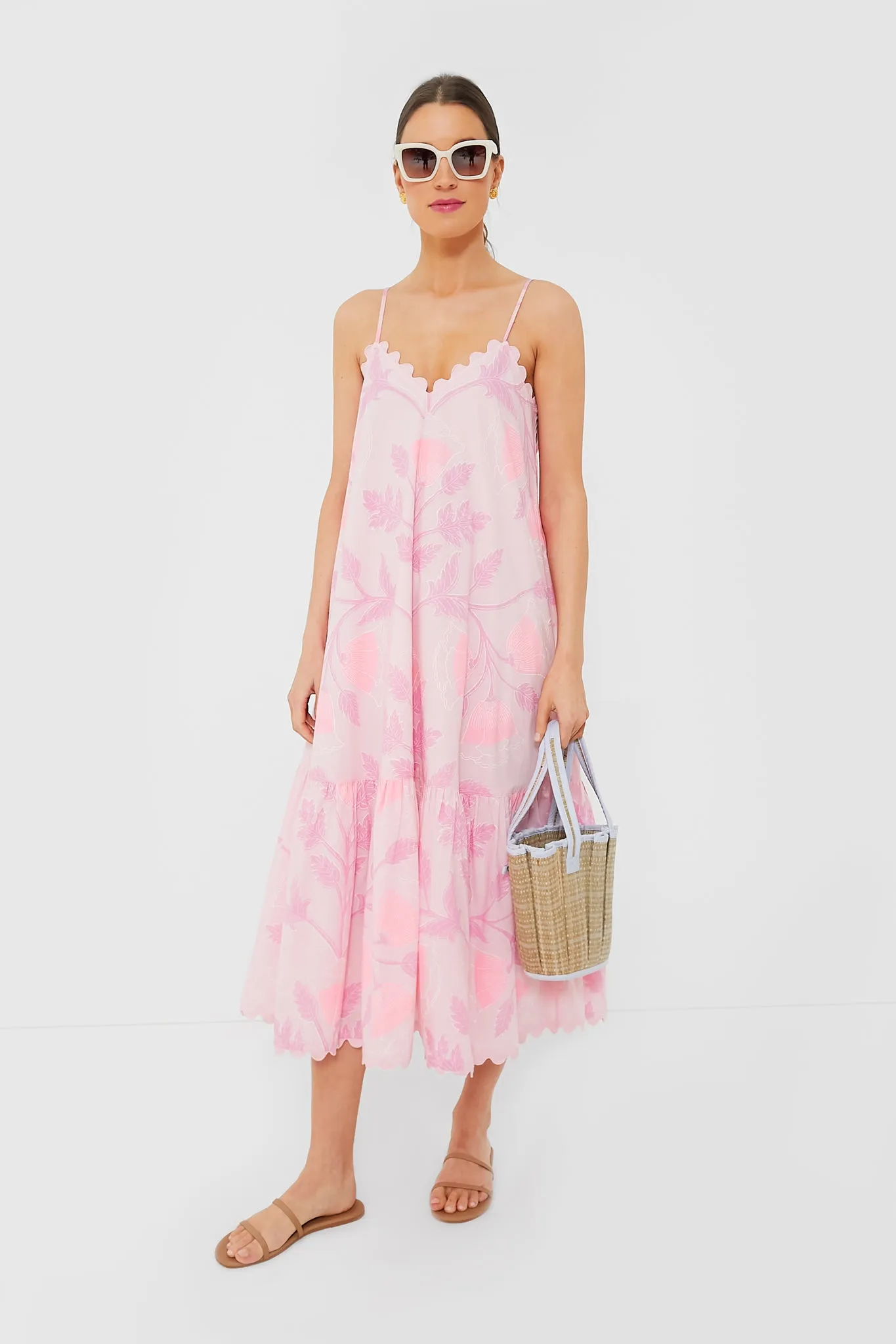 Pale Pink V-Neck Midi Dress with Bellflower Block Print