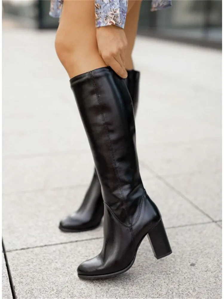 Purpdrank - Women Boots Winter Designer Luxury Faux PU Fashion High Heels Round Head Women Shoes 40-43 Zip Elegant Lady Knee High Boots