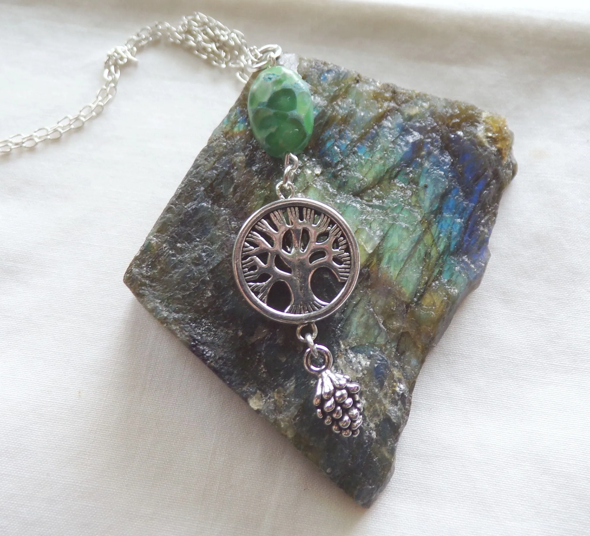 Silver Tree of Life Green Variscite Stone Pendant Necklace