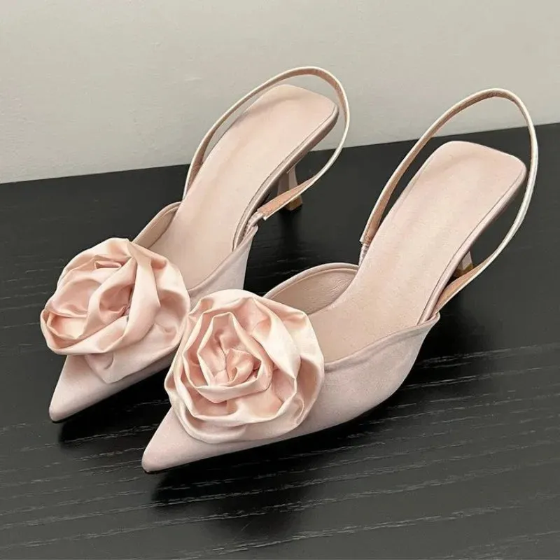 Wjczt Flower Fashion Pointed High Heels 2024 New Luxury Flower Designer Slingback Stilettos Banquet Party Dress Women's High Heels